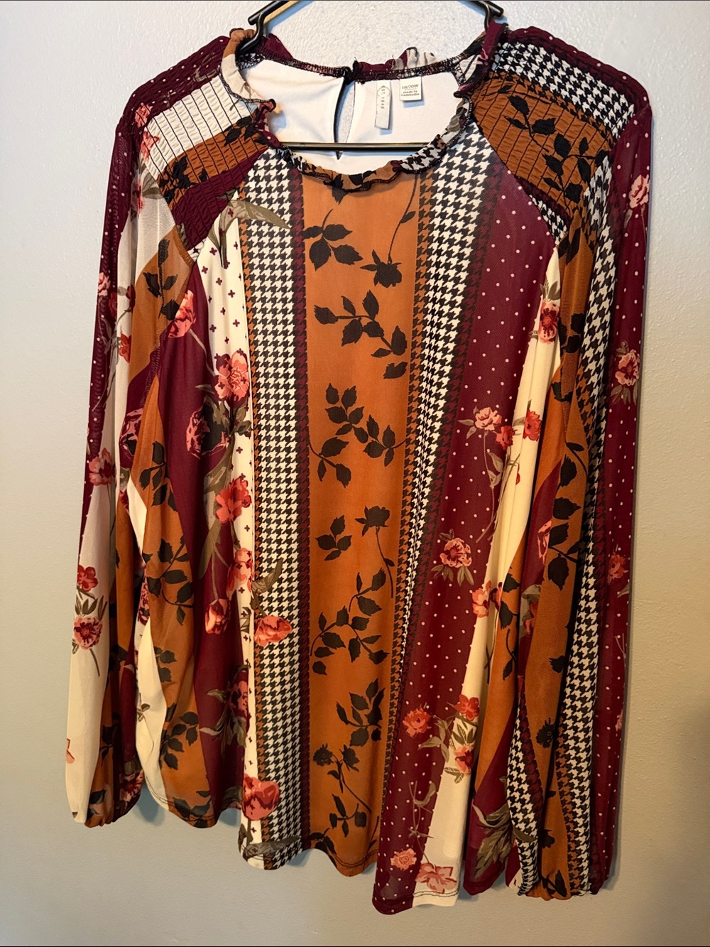 Mixed-Print Long Sleeve Blouse in Burgundy, Mustard & Cream